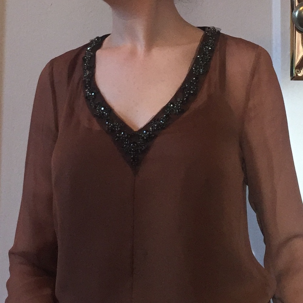Robert Rodriguez Brown Rhinestone Lace Silk Top